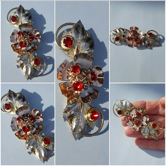 Vintage Sterling Floral Brooch w/Crimson Crystals - Picture 4 of 6